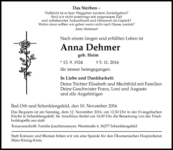 Traueranzeige von Anna Dehmer von  Gelnhäuser Tageblatt