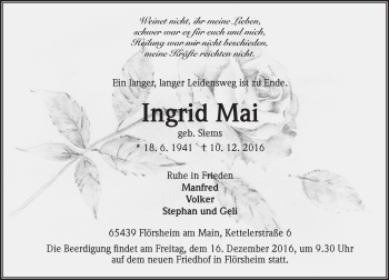 Traueranzeige von Ingrid Mai von Trauerportal Rhein Main Presse