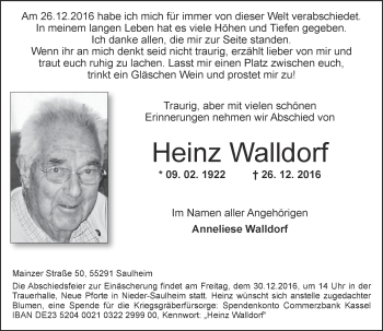 Traueranzeige von Heinz Walldorf von Trauerportal Rhein Main Presse