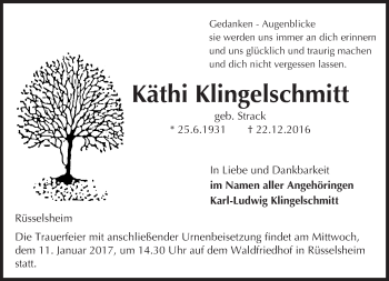 Traueranzeige von Käthi Klingelschmitt von Trauerportal Rhein Main Presse