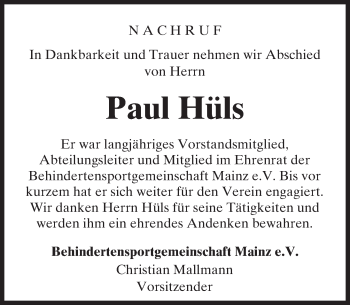 Traueranzeige von Paul Hüls von Trauerportal Rhein Main Presse