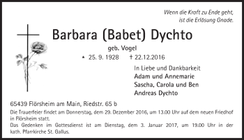 Traueranzeige von Barbara Dychto von Trauerportal Rhein Main Presse