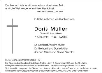 Traueranzeige von Doris Müller von Trauerportal Rhein Main Presse