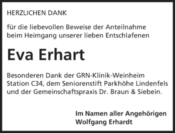 Traueranzeige von Eva Erhart von Trauerportal Echo Online