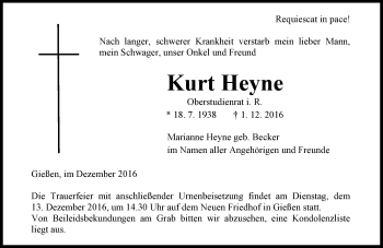 Traueranzeige von Kurt Heyne von  Gießener Anzeiger