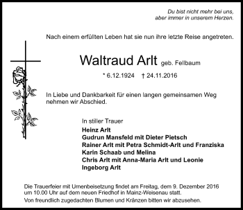 Traueranzeige von Waltraud Arlt von Trauerportal Rhein Main Presse