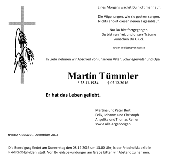 Traueranzeige von Martin Tümmler von Trauerportal Echo Online