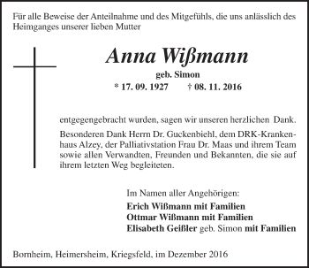 Traueranzeige von Anna Wißmann von Trauerportal Rhein Main Presse
