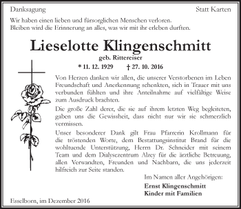 Traueranzeige von Lieselotte Klingenschmitt von Trauerportal Rhein Main Presse