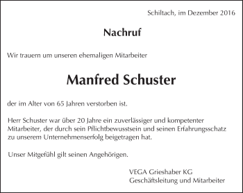 Traueranzeige von Manfred Schuster von Trauerportal Echo Online