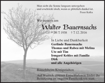 Traueranzeige von Walter Bauernsachs von Trauerportal Rhein Main Presse
