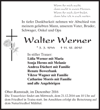 Traueranzeige von Walter Werner von Trauerportal Echo Online