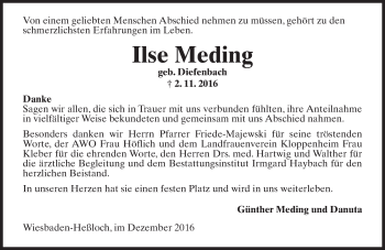 Traueranzeige von Ilse Meding von Trauerportal Rhein Main Presse