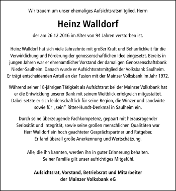 Traueranzeige von Heinz Walldorf von Trauerportal Rhein Main Presse