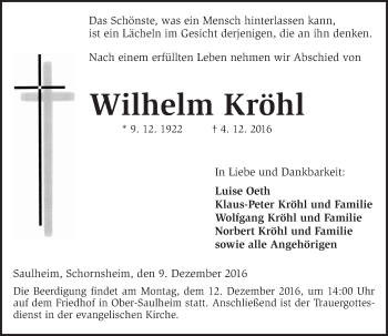 Traueranzeige von Wilhelm Kröhl von Trauerportal Rhein Main Presse
