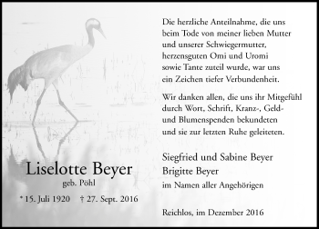 Traueranzeige von Liselotte Beyer von VRM Trauer