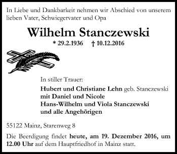 Traueranzeige von Wilhelm Stanczewski von Trauerportal Rhein Main Presse