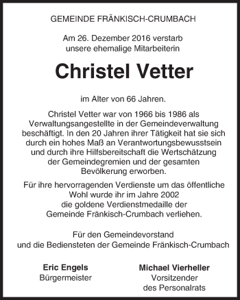 Traueranzeige von Christel Vetter von Trauerportal Echo Online
