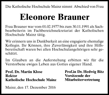 Traueranzeige von Eleonore Brauner von Trauerportal Rhein Main Presse