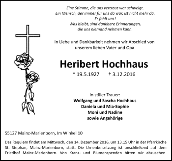 Traueranzeige von Heribert Hochhaus von Trauerportal Rhein Main Presse