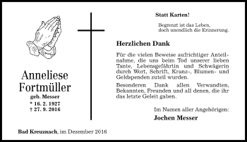 Traueranzeige von Anneliese Fortmüller von Trauerportal Rhein Main Presse