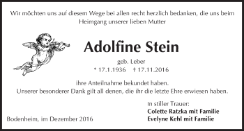Traueranzeige von Adolfine Stein von Trauerportal Rhein Main Presse