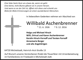 Traueranzeige von Willibald Aschenbrenner von Trauerportal Echo Online