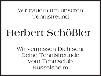 Traueranzeige von Herbert Schößler von Trauerportal Rhein Main Presse