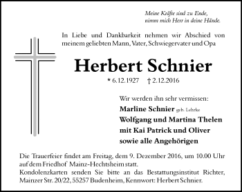 Traueranzeige von Herbert Schnier von Trauerportal Rhein Main Presse