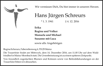 Traueranzeige von Hans Jürgen Schreuers von Trauerportal Rhein Main Presse