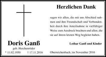 Traueranzeige von Doris Ganß von  Kreisanzeiger