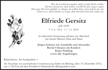 Traueranzeige von Elfriede Gersitz von Trauerportal Rhein Main Presse