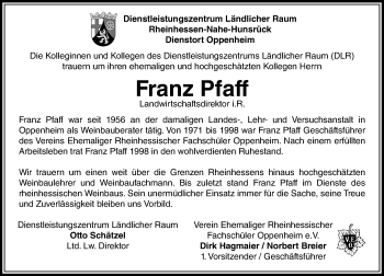 Traueranzeige von Franz Wilhelm Pfaff von Trauerportal Rhein Main Presse