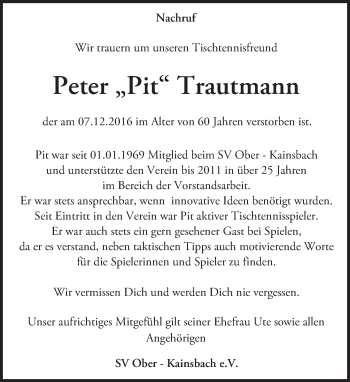 Traueranzeige von Peter Trautmann von Trauerportal Echo Online