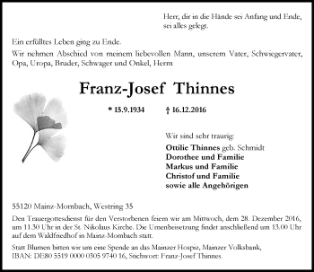 Traueranzeige von Franz-Josef Thinnes von Trauerportal Rhein Main Presse