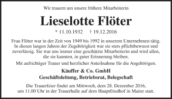 Traueranzeige von Lieselotte Flöter von Trauerportal Rhein Main Presse