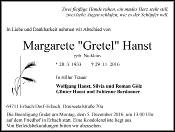 Traueranzeige von Margarete Gretel Hanst von Trauerportal Echo Online