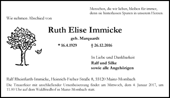 Traueranzeige von Ruth Elise Immicke von Trauerportal Rhein Main Presse