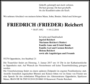 Traueranzeige von Friedrich Reichert von Trauerportal Rhein Main Presse
