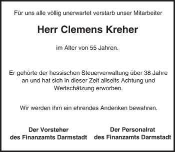 Traueranzeige von Clemens Kreher von Trauerportal Echo Online