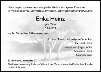Traueranzeige von Erika Heinz von Trauerportal Rhein Main Presse