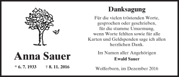 Traueranzeige von Anna Sauer von  Kreisanzeiger