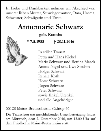 Traueranzeige von Annemarie Schwarz von Trauerportal Rhein Main Presse