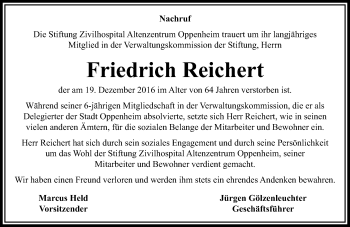 Traueranzeige von Friedrich Reichert von Trauerportal Rhein Main Presse