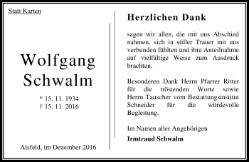 Traueranzeige von Wolfgang Schwalm von VRM Trauer