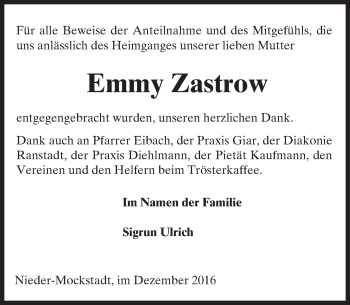 Traueranzeige von Emmy Zastrow von  Kreisanzeiger