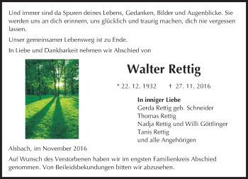 Traueranzeige von Walter Rettig von Trauerportal Echo Online