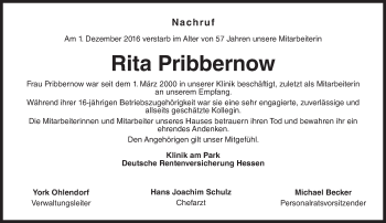 Traueranzeige von Rita Pribbernow von Trauerportal Rhein Main Presse