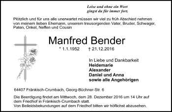 Traueranzeige von Manfred Bender von Trauerportal Echo Online