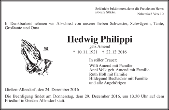 Traueranzeige von Hedwig Philippi von  Gießener Anzeiger